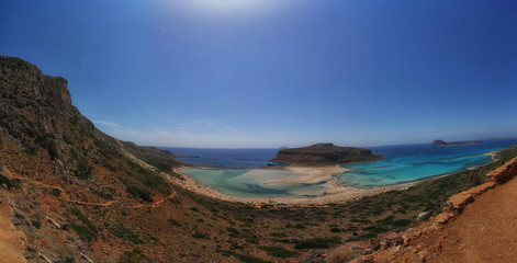 Fototapeta na wymiar Aerial panoramic view of Balos beach on Crete island, Greece. Crystal clear water and white sand. Travel background