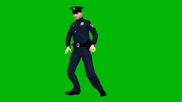Policeman dancing rhythmic modern dance on a green screen. Looped animation.