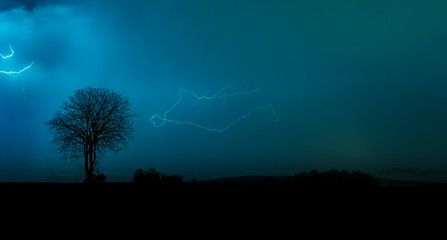 Błyskawica  na nocnym błękitnym niebie z drzewem w tle © Robert