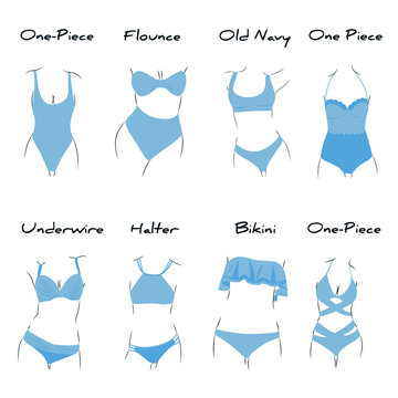 Illustration with types of swimsuites inside. Every type has name. For beauty and fashion style needs