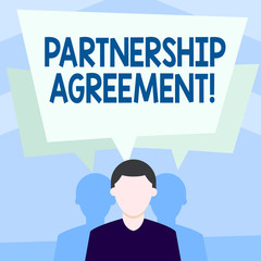 Writing note showing Partnership Agreement. Business concept for Legal form of business operation between parties Faceless Man has Two Shadows with Speech Bubble Overlapping