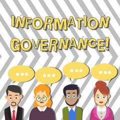 Conceptual hand writing showing Information Governance. Concept meaning analysisagement of information at an organization Group of Business People with Speech Bubble with Three Dots