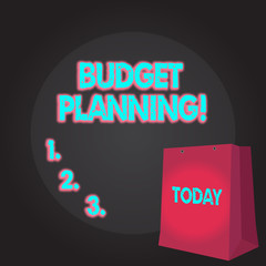 Writing note showing Budget Planning. Business concept for process company or individuals evaluate earnings expenses Color Gift Bag with Punched Hole on Two toned Blank Space