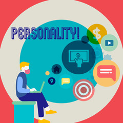 Word writing text Personality. Business photo showcasing combination characteristics that form individuals character Man Sitting Down with Laptop on his Lap and SEO Driver Icons on Blank Space