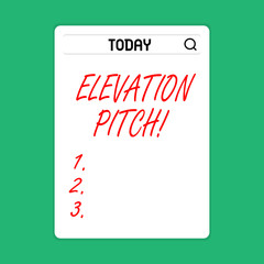 Handwriting text Elevator Pitch. Conceptual photo short description of product business idea given to investor Search Bar with Magnifying Glass Icon photo on Blank Vertical White Screen