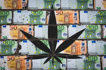 Fototapeta na wymiar Painted cannabis leaf on wall of euro. Hemp business art concept.