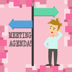 Conceptual hand writing showing Meeting Agenda. Concept meaning list items that participants hope to accomplish at meetings Man Confused with Road Sign Pointing to Opposite Direction