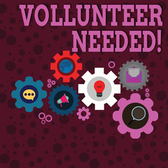 Writing note showing Volunteer Needed. Business concept for need work for organization without being paid Set of Global Online Social Networking Icons Cog Wheel Gear