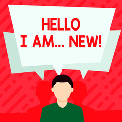 Word writing text Hello I Am New. Business photo showcasing used as greeting or to begin telephone conversation Faceless Man has Two Shadows Each has Their Own Speech Bubble Overlapping