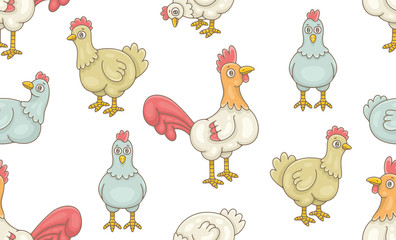 Seamless Pattern with Cocks and Hens. isolated on white background