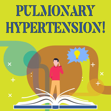 Conceptual hand writing showing Pulmonary Hypertension. Concept meaning Elevated pressure in the pulmonary circulation Man Standing Behind Open Book Jagged Speech Bubble with Bulb