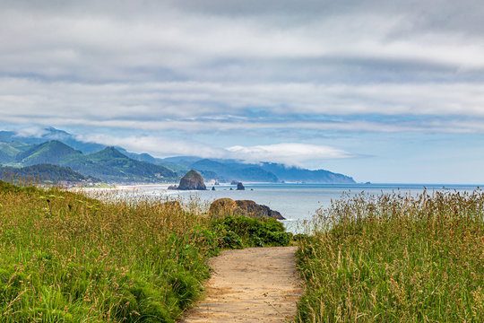 Looking along the Oregon coast towards Cannon Beach and Haystack Rock