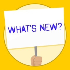Text sign showing What S New Question. Business photo text when you ask someone about his current live events actions Hand Holding Blank White Placard Supported by Handle for Social Awareness