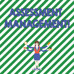 Handwriting text Assessment Management. Conceptual photo analysisagement of investments on behalf of others Businesswoman with Four Arms Extending Sideways Holding Workers Needed Item