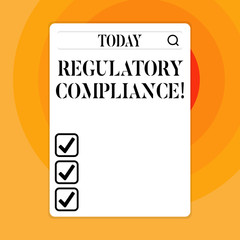 Text sign showing Regulatory Compliance. Business photo showcasing organization s is adherence to laws and regulations Search Bar with Magnifying Glass Icon photo on Blank Vertical White Screen