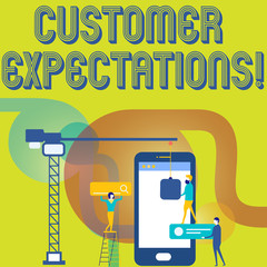 Text sign showing Customer Expectations. Business photo text Perceivedvalue clients seek from the buying of a good Staff Working Together for Common Target Goal with SEO Process Icons