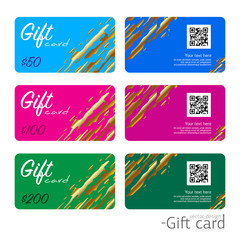 Naklejka premium Set of colorful gift card templates. Vector design of plastic cards with a bar code