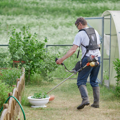 Country works on the personal plot using grass trimmer.