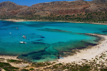 Beautiful view of Balos beach on Crete island, Greece. Crystal clear water and white sand. Travel background