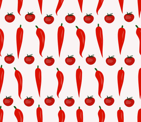 Vector seamless pattern with chilli pepper and tomatoes.