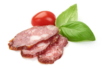 Smoked sausage slices, Italian dry meat, close-up, isolated on white background