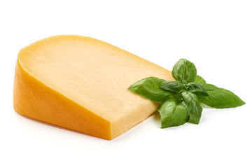 Hard Dutch gouda cheese, close-up, isolated on white background