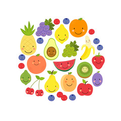 Cute Fruit Paradise background with various fruit characters