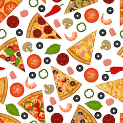 Seamless pattern with slices of pizza and ingredients for pizza on white background. Pizza menu. For packaging, advertisements, menu. Vector illustration. Realistic.