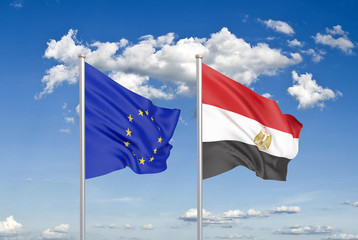 European Union vs Egypt. Thick colored silky flags of European Union and Egypt