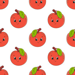 Happy apple. Colored seamless pattern with cute cartoon character. Simple flat vector illustration isolated on white background. Design wallpaper, fabric, wrapping paper, covers, websites.