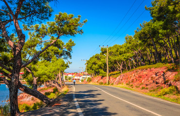 Beautiful road and sea landscape near city Ayvalik, Turkey
