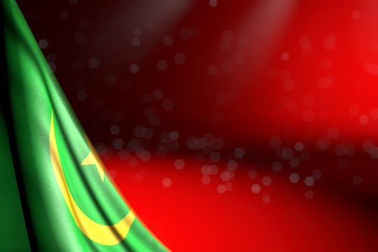 wonderful image of Mauritania flag hangs in corner on red with soft focus and free space for your text - any feast flag 3d illustration..
