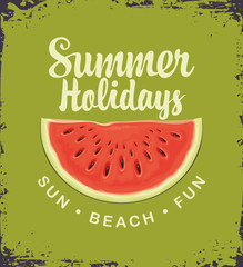 Vector summer banner with calligraphic inscription Hello Summer Holidays and decorative watermelon on the old paper background. Can be used for summer poster, flyer, invitation, card. Sun, beach, fun