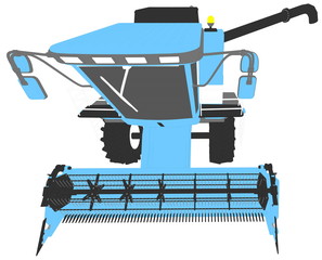 industrial 3D illustration of cartoon colored 3D model of rye combine harvester with grain pipe isolated, rendered with wide lens effect