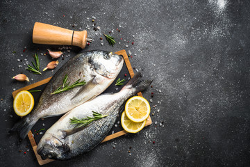 Raw dorado fish on black background.