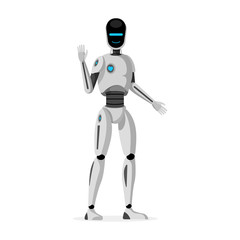 Futuristic humanoid robot flat vector illustration. Smiling cybernetic organism waving hand. Friendly artificial intelligence, cyborg, smart electronic system, technology innovation