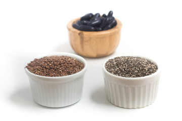 Vegan Omega 3 Source. Pills of Linseed and Chia seeds