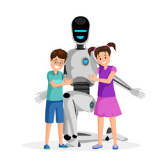Robot with happy children flat vector illustration. Little boy and girl with artificial babysitter. Futuristic babysitting, childcare service innovation, family friendly technology