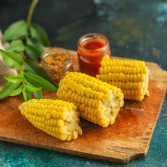 corn boiled, portioned, serving size (vegetable snack). Top view. copy space