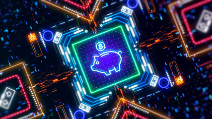 Fototapeta na wymiar Abstract digital cyber illustration. Piggy bank coin symbol. Cryptocurrency sign