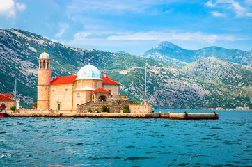 Beautiful mediterranean landscape. Our Lady of the Rock Island near town Perast, Kotor bay,...
