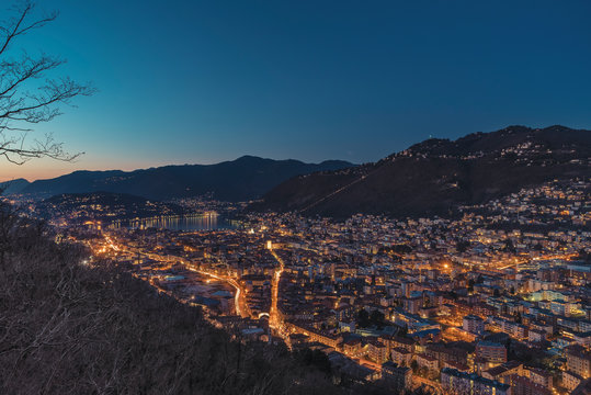 The city of Como by night from Baradello Castle
