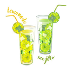 Refreshing summer cocktails. Mojito and lemonade. Drink with ice. Vector image for summer design. Isolated object on white background.