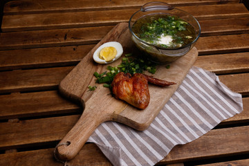 soup, chicken wing and egg