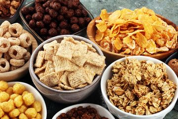 Cereal. Bowls of various cereals for breakfast. Muesli with kids cereals.