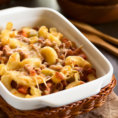 Chili con carne and macaroni pasta casserole in baking dish, photographed with natural light...