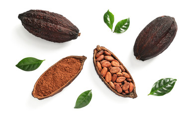 Composition with cocoa products on white background, top view