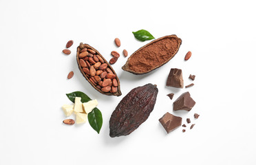Composition with cocoa products on white background, top view