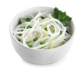 Bowl of rice noodles with vegetables isolated on white