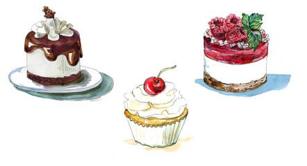 set of sweet cakes isolated on white background. Watercolor and pen hand drawn 